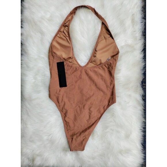 Monob Halter V-Neck Brown Giraffe Print One-Piece Swimsuit Nylon/Spandex Nude L - Picture 9 of 12